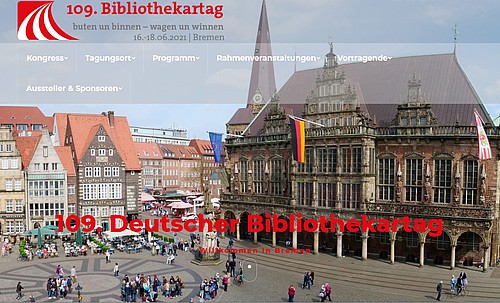 Bremer Marktplatz mit Logo des 109. Bibliothekartags 2021